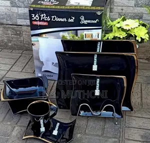 36pcs Rectangular Shaped Black Gold Rim Dinner Set*