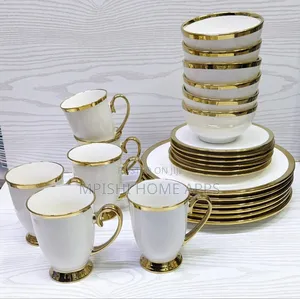 24pcs Round Ceramic Dinner Set With Gold Rim