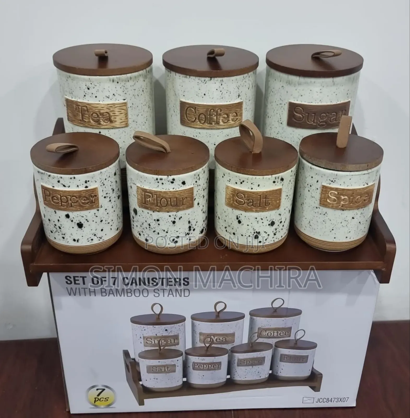 7pc Ceramic Canisters on Bamboo Stand