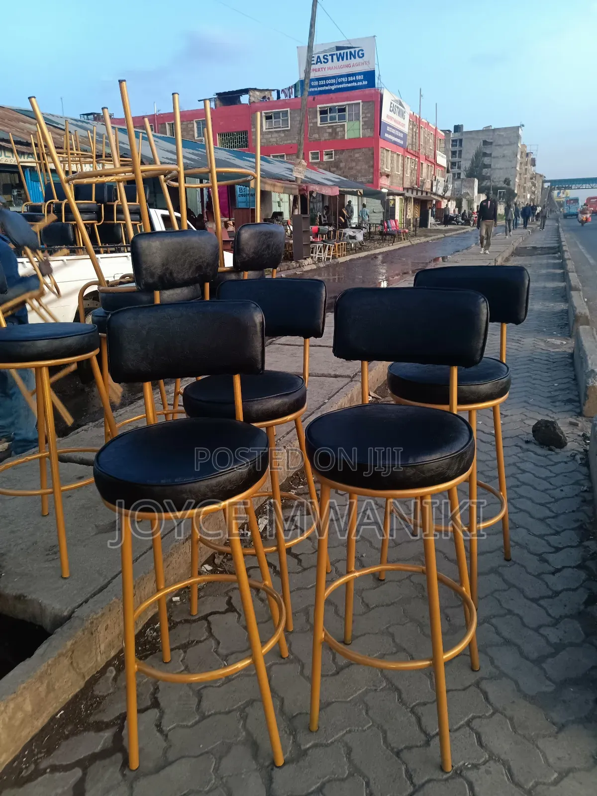 Kitchen Stools or Bar Stools, Black Leather and Gold