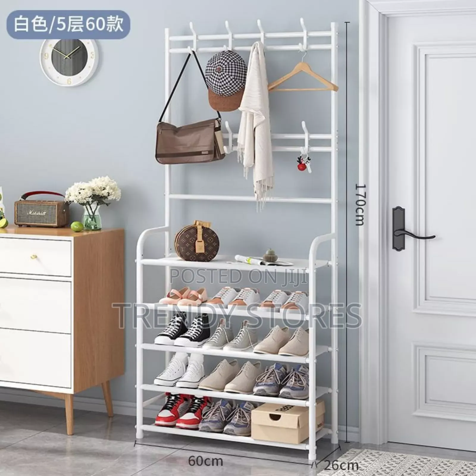 White 5 Tier Multifunctional Shoe Rack With Hooks