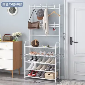 White 5 Tier Multifunctional Shoe Rack With Hooks