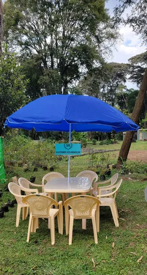 Garden Umbrella, Plastic Chairs and Plastic Table Set