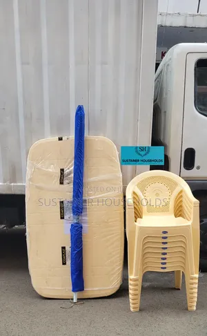 Plastic Table, Plastic Chairs, Garden Umbrella