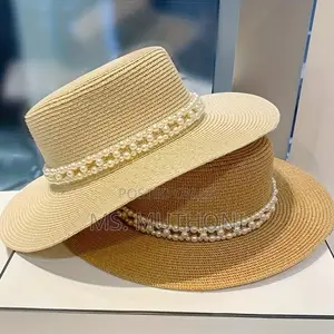 Chic French -Inspired Straw Sun Hat With Faux Pearl Accent