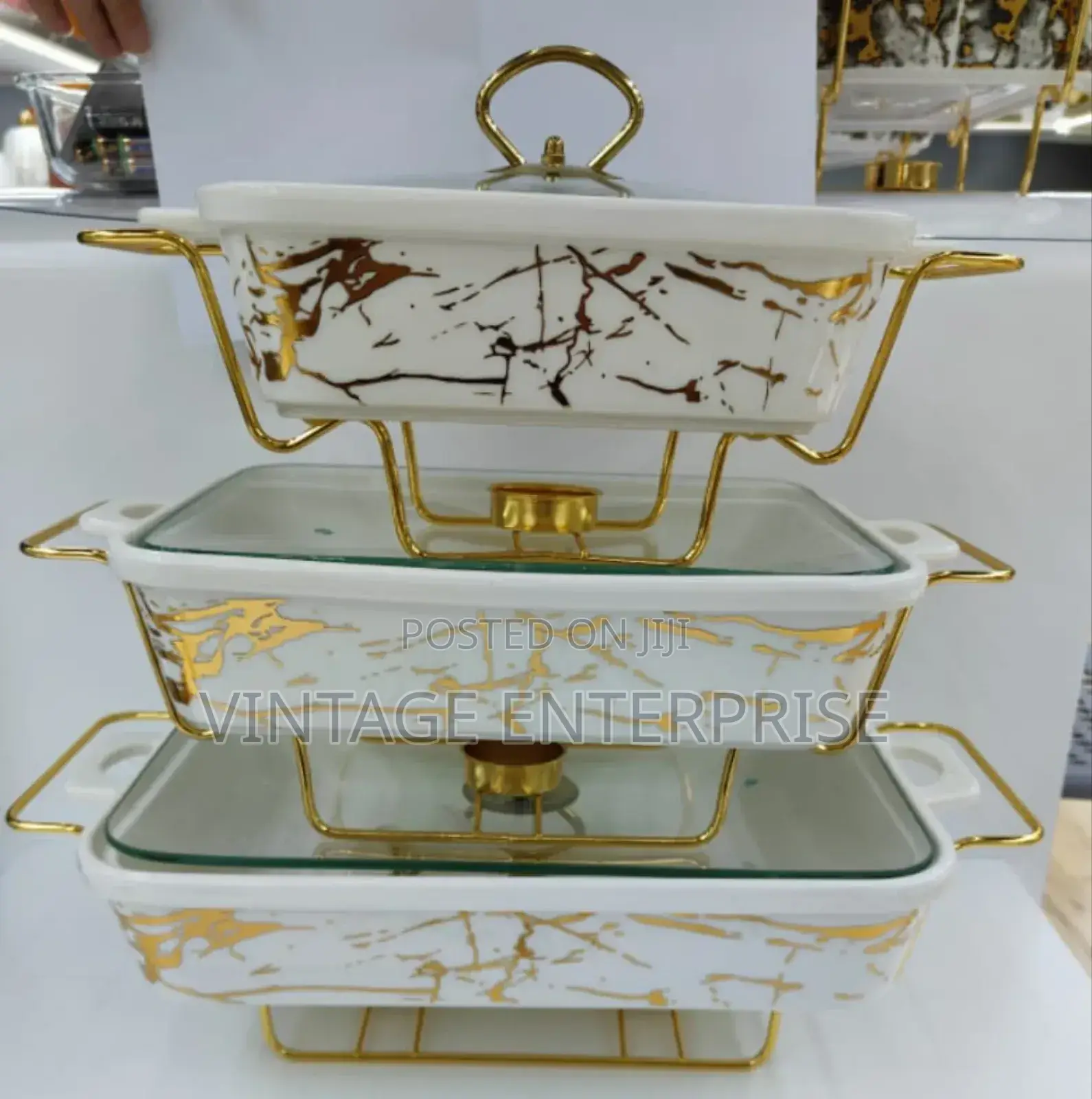 3pcs White Gold Ceramic Chaffing Dish