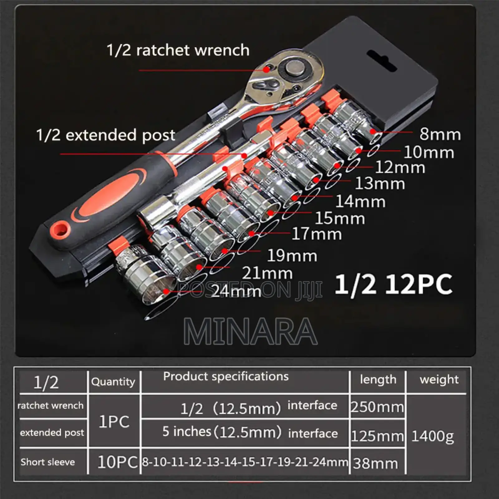 12 Pcs, 1/2" Drive, Socket Wrench Set, 8-24mm