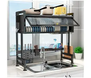 Over the Sink Kitchen Dish Drying Rack With Glass Lid