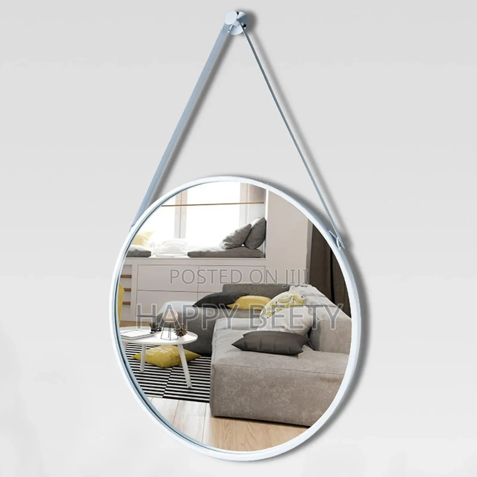 *Round Hanging Mirror With Strap Decorative Wall Mirror 60cm