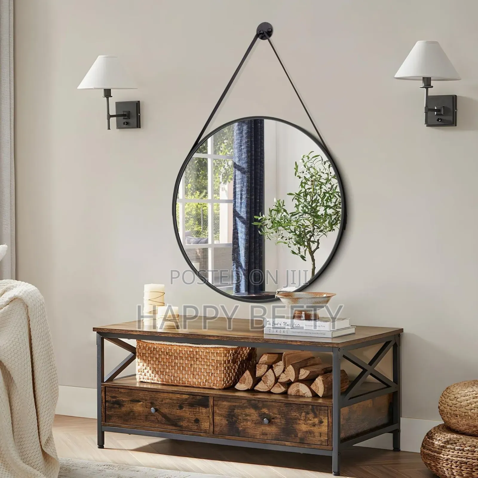 *Round Hanging Mirror With Strap Decorative Wall Mirror 60cm