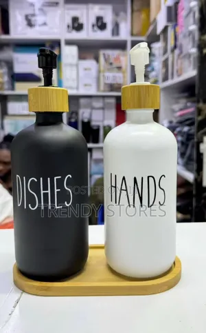 3pc Ceramic Soap Dispenser With Bamboo Tray