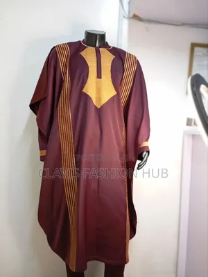African Traditional Agbada for Men Maroon and Gold