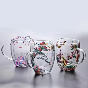 Insulated Double Wall Glass Cup Dried Flower Coffee Cup