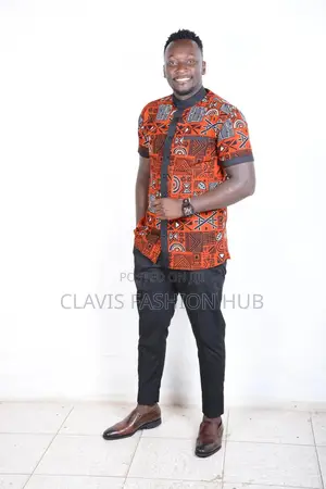 Ready Made Brown Short Sleeve Ankara Shirt for Men