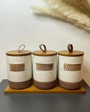 Sugar Dish, Ceramic Canisters 3pcs With Bamboo Base