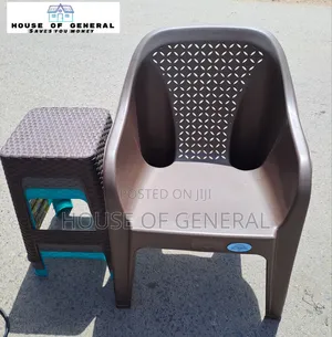 Brown Plastic Chair and Bamboo Plastic Stool