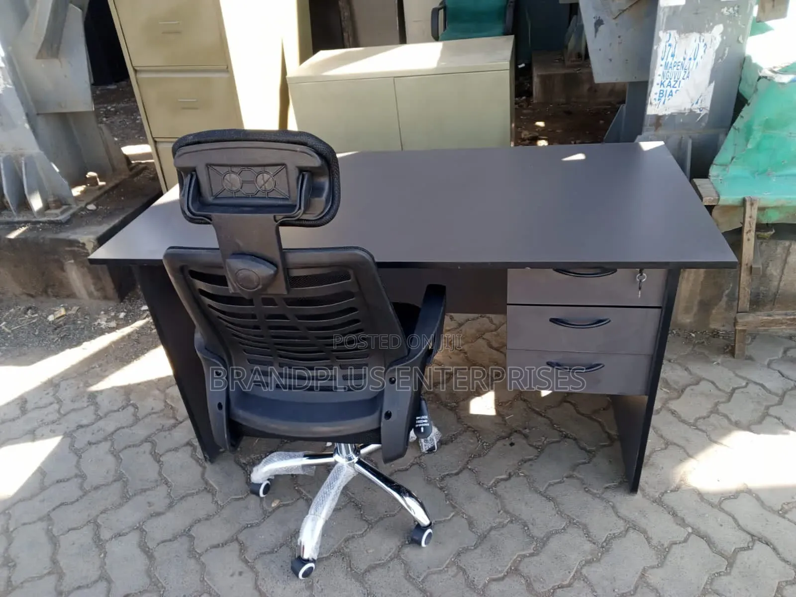 Gray Office Desk and Headrest Chair