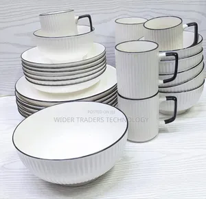 *White Ceramic Dinner Set With Black Rim