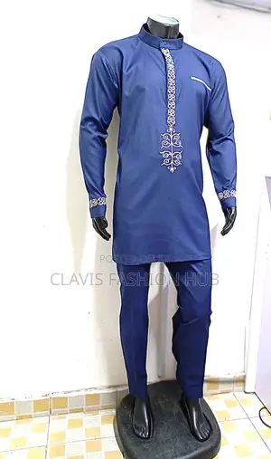 Beige Embroided Navy Blue Men Suits