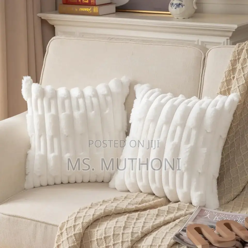 A Pair (2) White Plush Decorative Soft Cushion Cover
