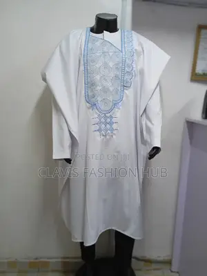 White Men Agbada Set With Embroidery Back Front
