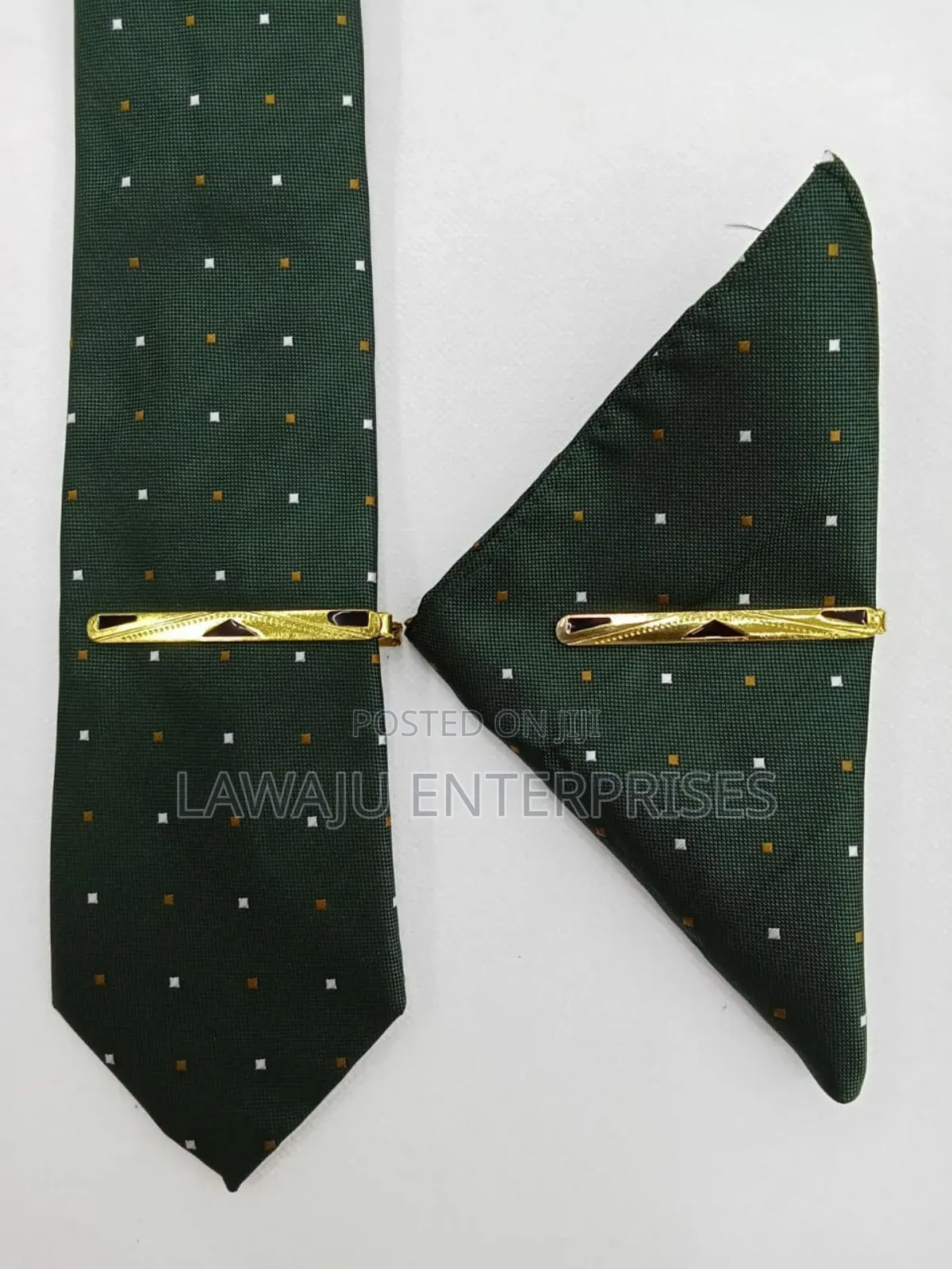 Green Patterned Men's Tie With Pocket Square
