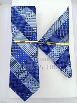 Blue Pattern Men's Tie With Pocket Square