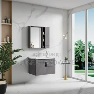 Grey Wall Hung Cabinet With White Basin and Mirror Cabinet
