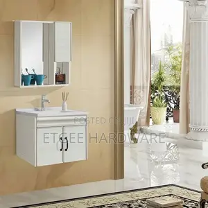 Beige Wall Hung Cabinet With White Basin and Mirror Cabinet