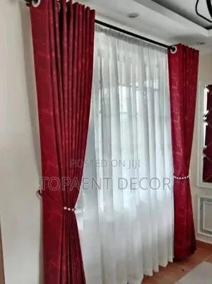 Maroon Living Room Curtains and White Sheers