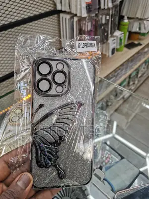 Glitter iPhone 15 Pro Max Case With Butterfly Design-Silver