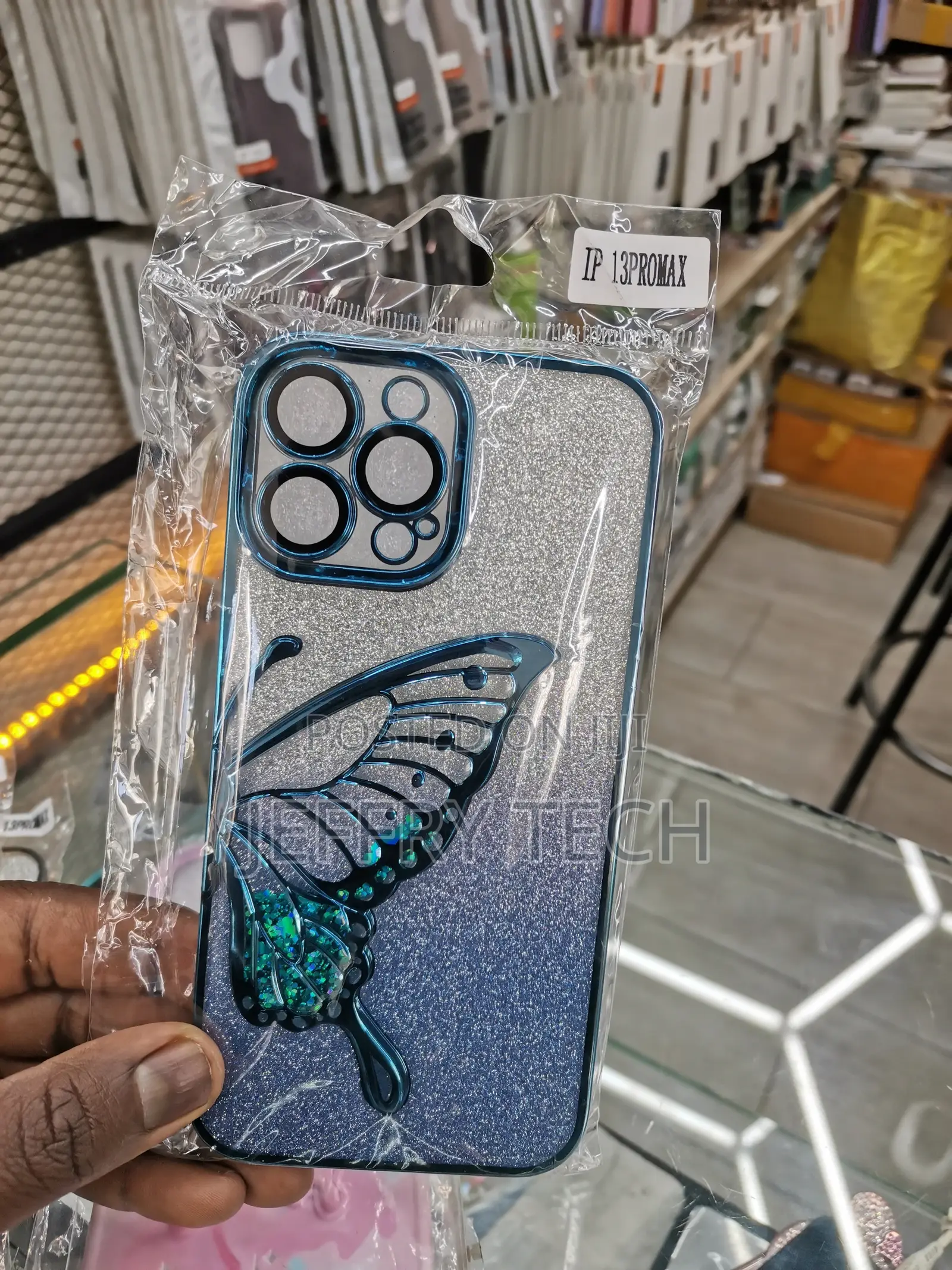 iPhone 13 Pro Max Case With Glitter Butterfly Plating-Blue