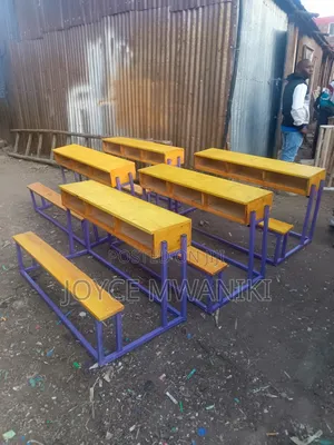 3 Seater School Desk, With Purple Painted Frame Cyprus Wood