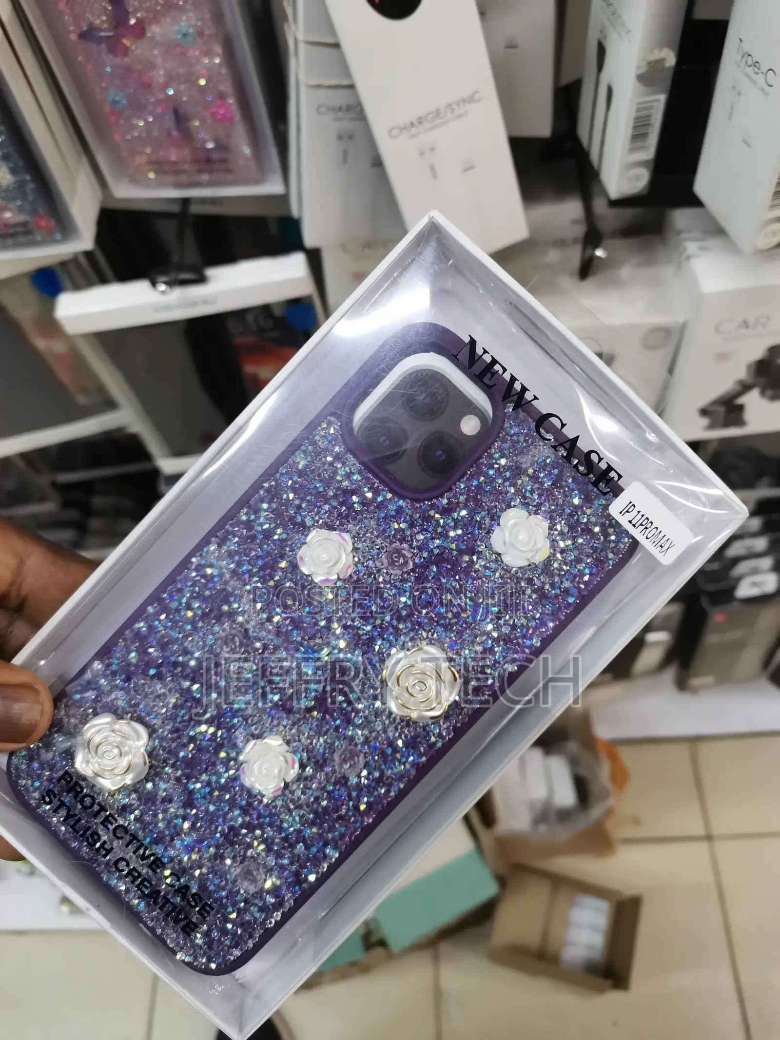 iPhone 11 Pro Max Rose Glitter Flower Rhinestone Case-Purple