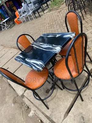 Black White Marble Square Table and Restaurant Chairs