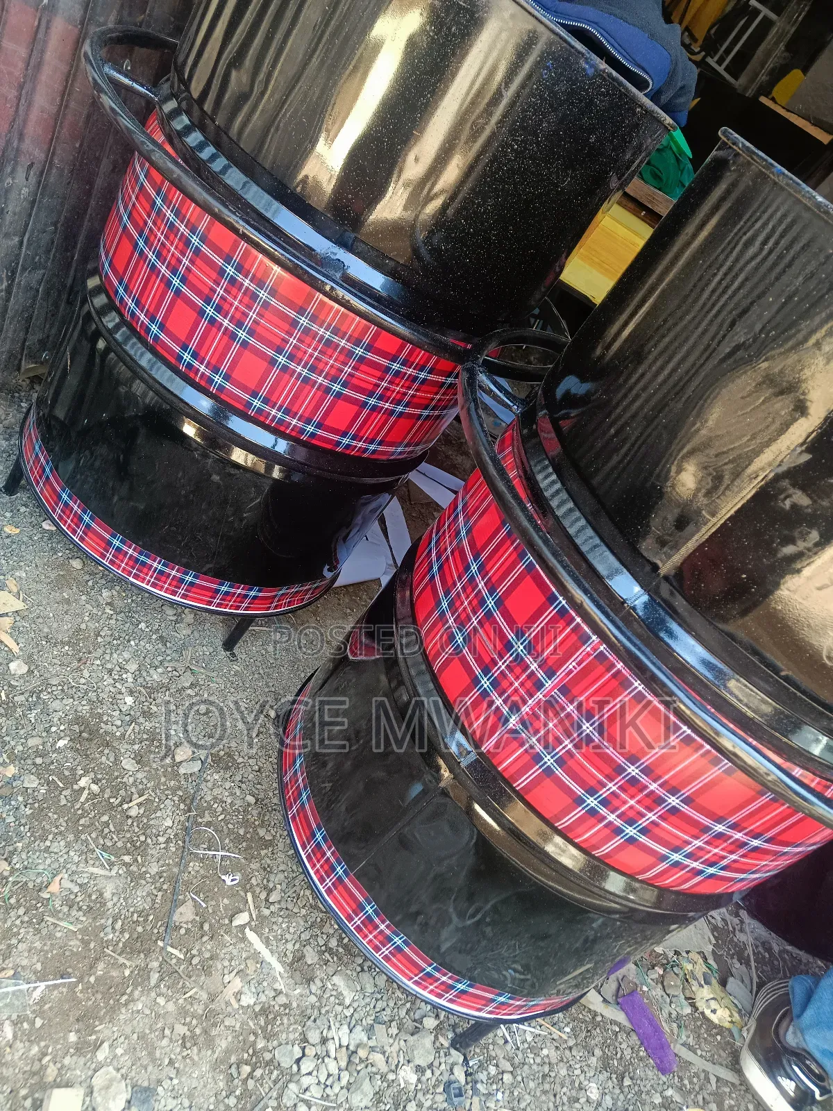 Bar Drum Tables With Decorations, Black and Checked 