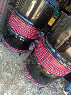 Bar Drum Tables With Decorations, Black and Checked 