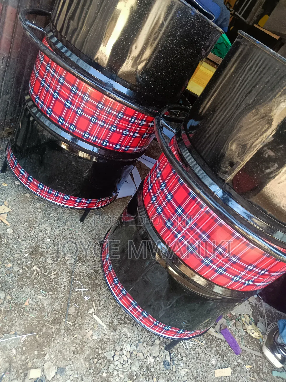 Bar Drum Tables With Decorations, Black and Checked 