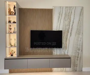 TV Wall Decor With Fluted Wall Panels With Marble Sheets