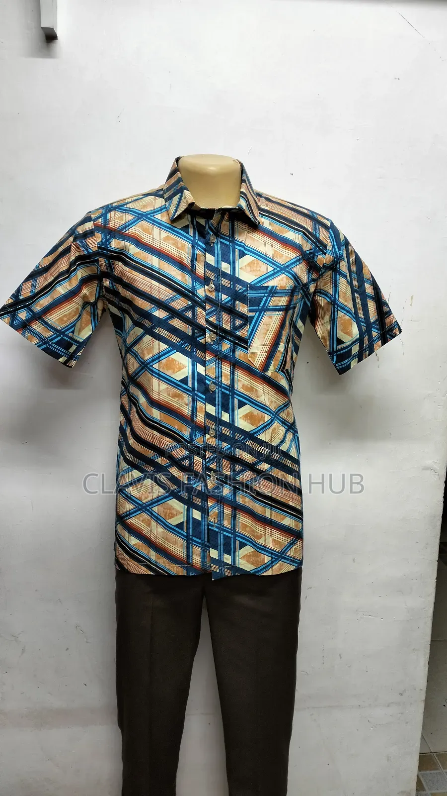 Biege and Blue Kitenge Men Shirt. Ready Made Size Large