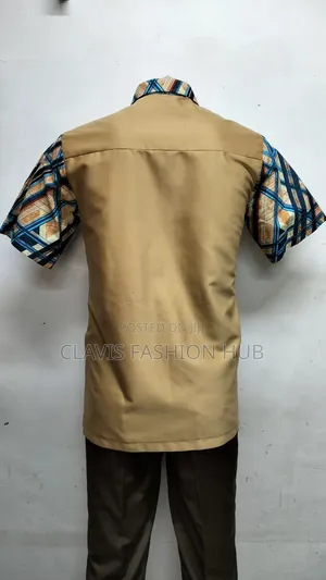 Biege and Blue Kitenge Men Shirt. Ready Made Size Large