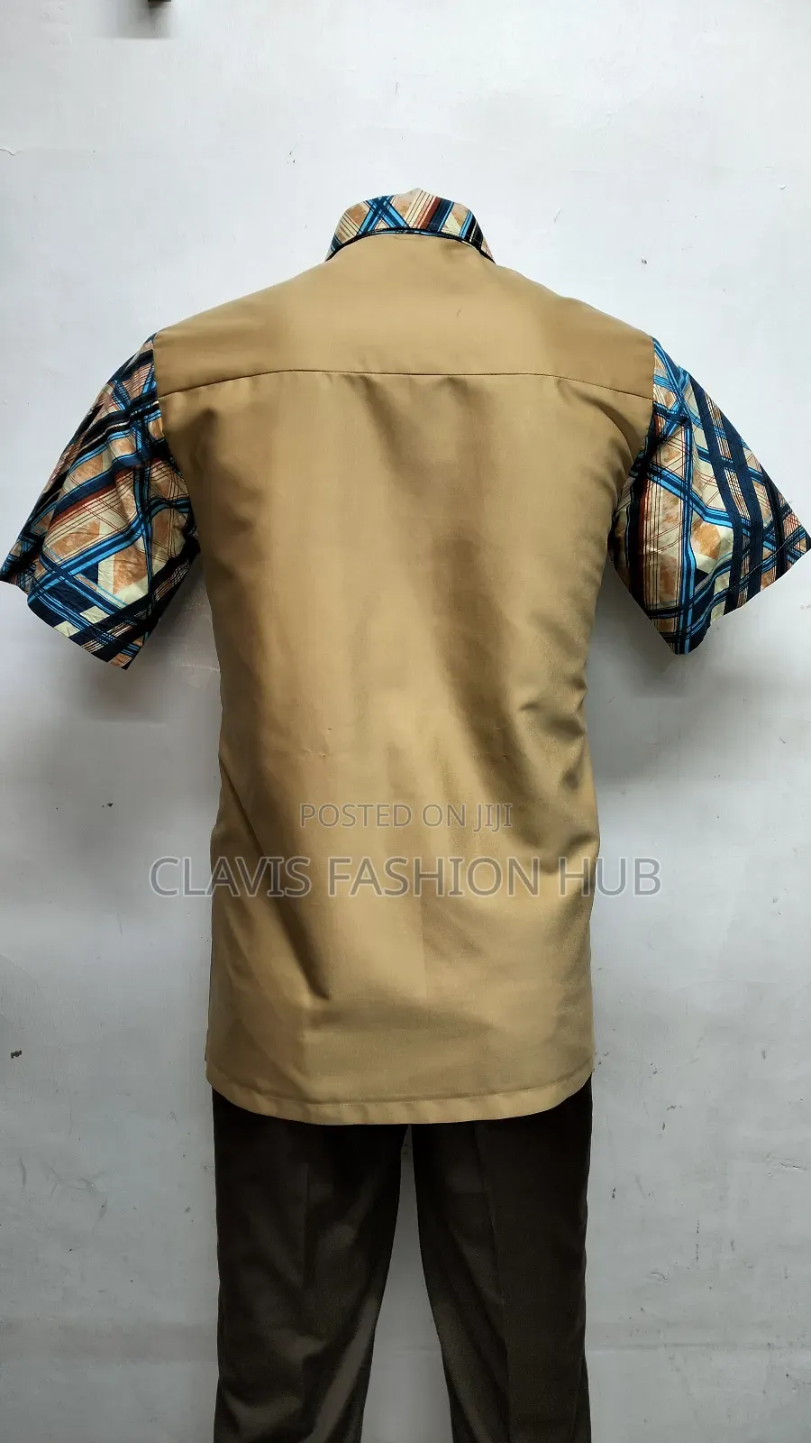 Biege and Blue Kitenge Men Shirt. Ready Made Size Large