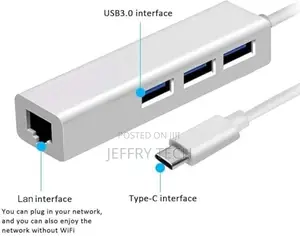 Ruhza Type C to 3-Port USB 3.0 Hub With RJ45 LAN Adapter For
