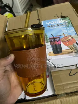 Glass Cups With Cover+Straw+Leather Sleeves