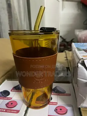 Glass Cups With Cover+Straw+Leather Sleeve ,Reusable Boba