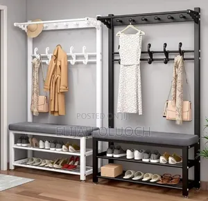 Multipurpose Entryway Bench Shoe Rack With Clothes Hanger