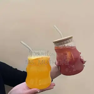 3 600 Ml Glass Cups With Bamboo Lids and Glass Straw