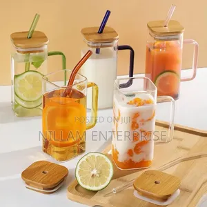 Square Smoothie Glass Cup With Bamboo Lid