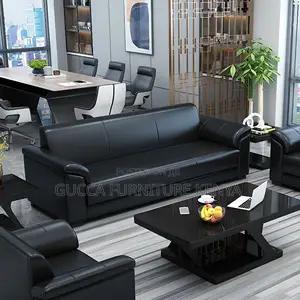 Sofas:5-User Black Leather Contemporary Office Sofa
