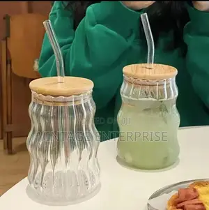 500ml Striped Glass Cup With Bamboo Lid